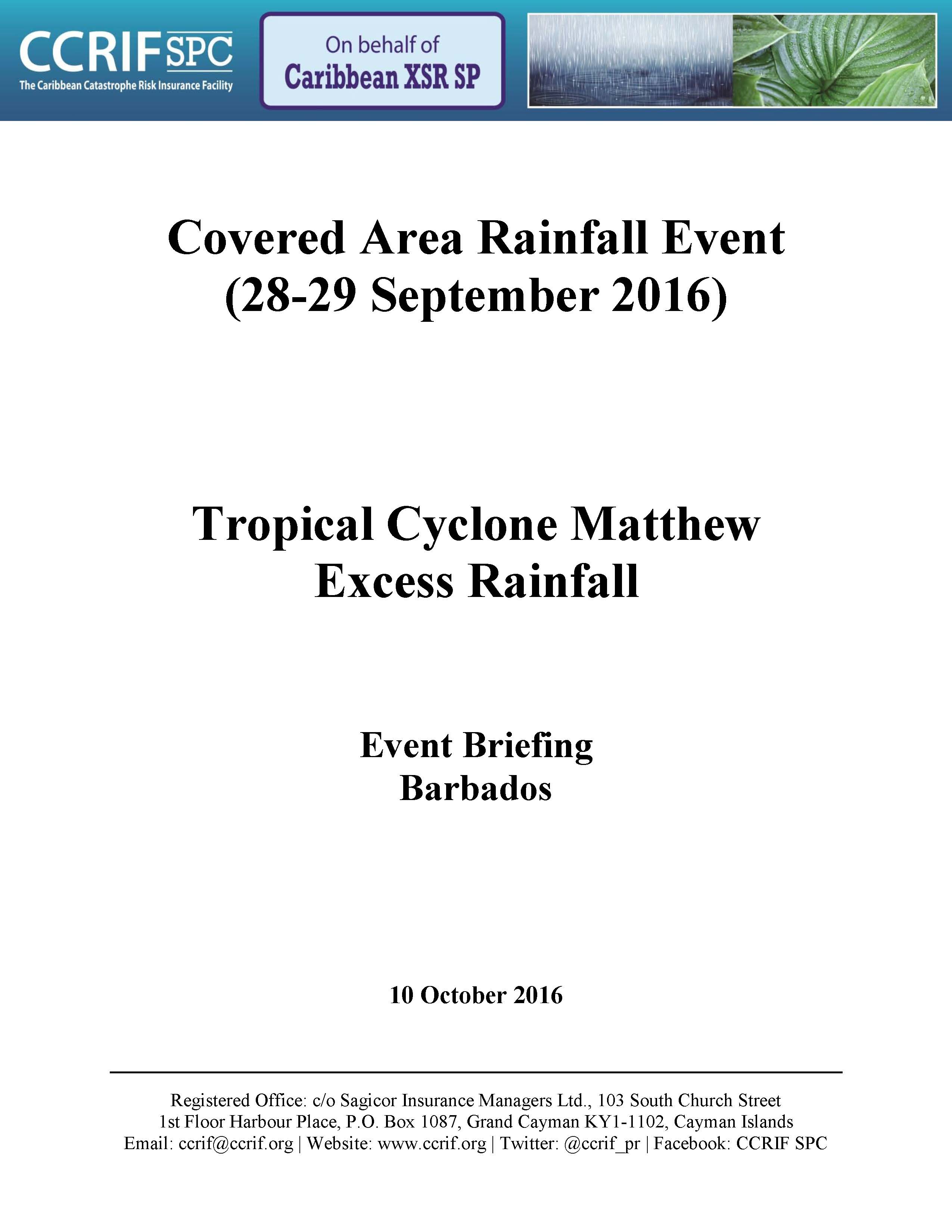 Event Briefing - TC Matthew Excess Rainfall - Covered Area Rainfall Event - Barbados - September 28-29, 2016