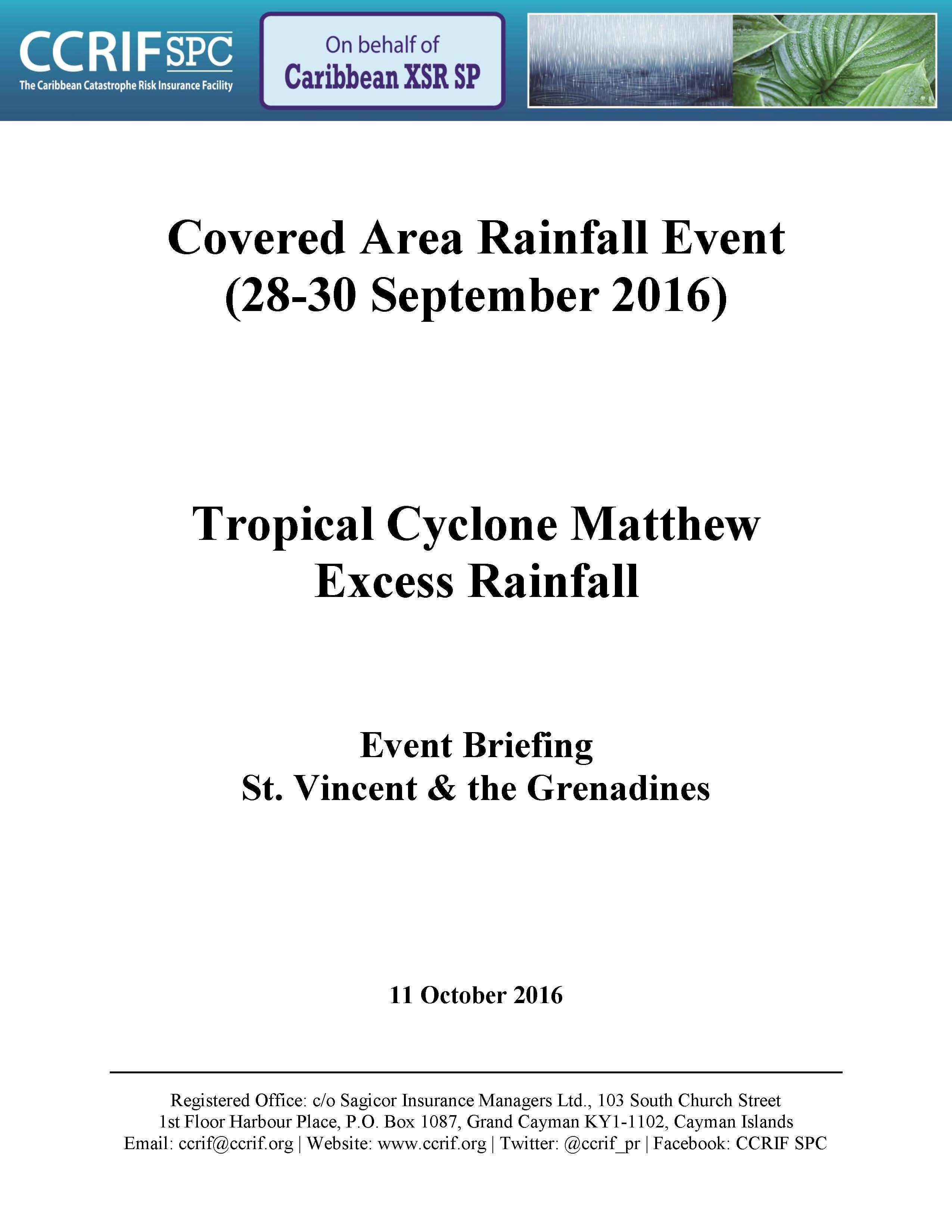 Event Briefing - TC Matthew Excess Rainfall - Covered Area Rainfall Event - St. Vincent & the Grenadines - September 28-30, 2016