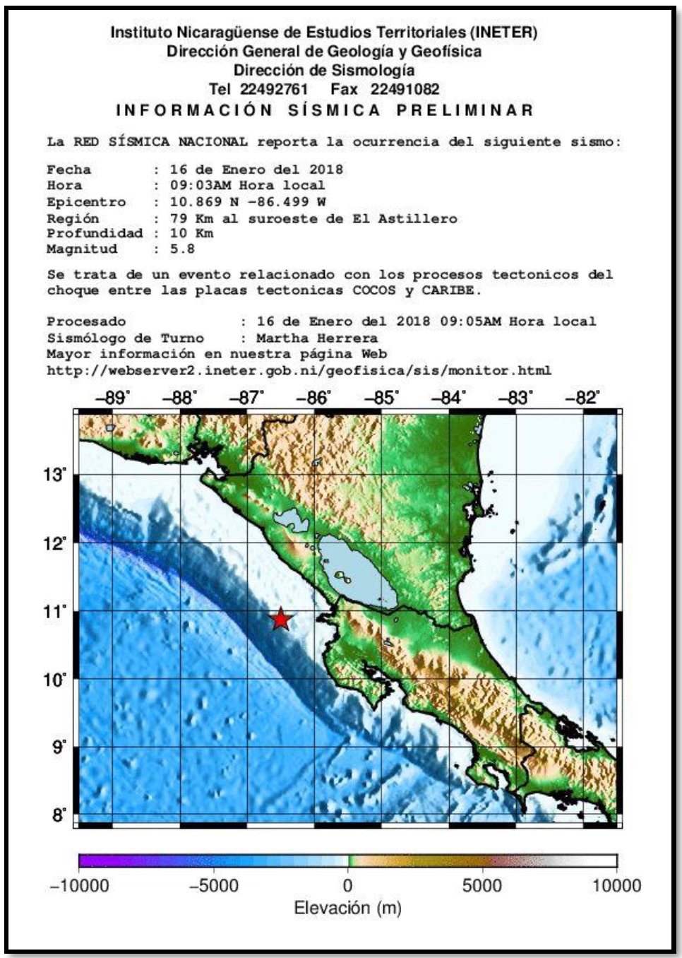 Event Briefing - Earthquake - Nicaragua - January 16 2018