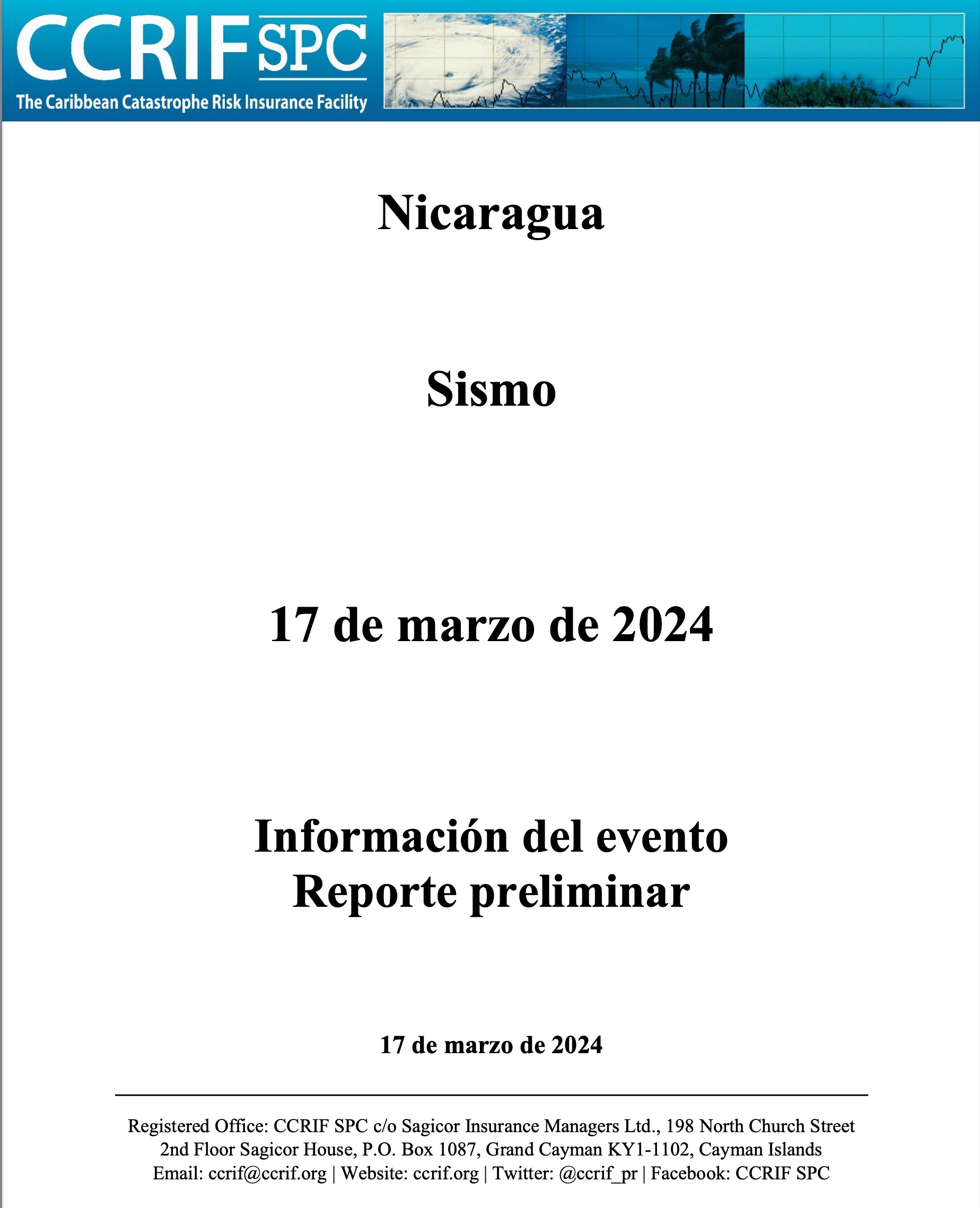 Información del evento Reporte preliminar - Sismo - Nicargua - 17 de marzo de 2024