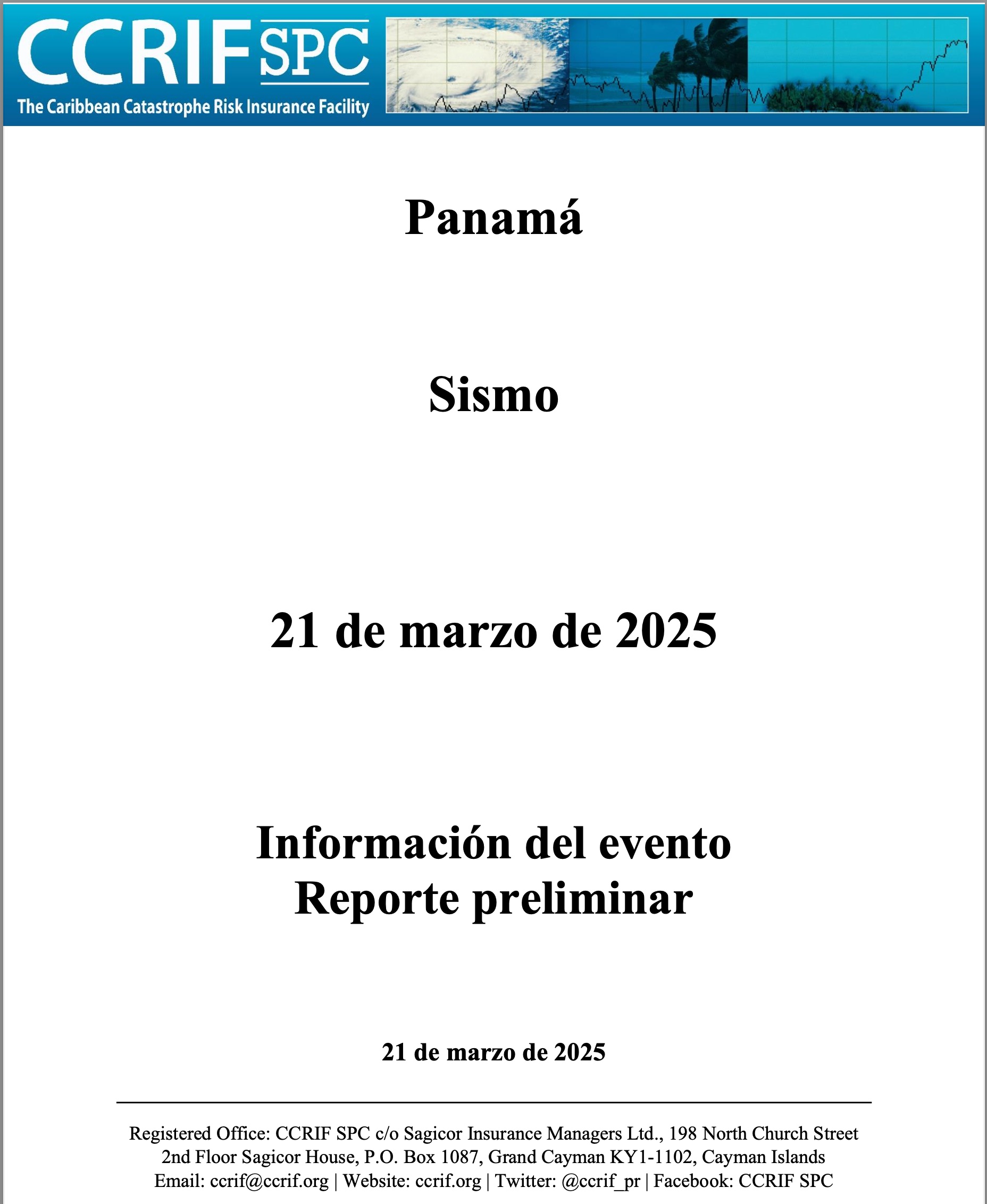 Información del evento Reporte preliminar - Sismo - Panamá - 21 de marzo de 2025