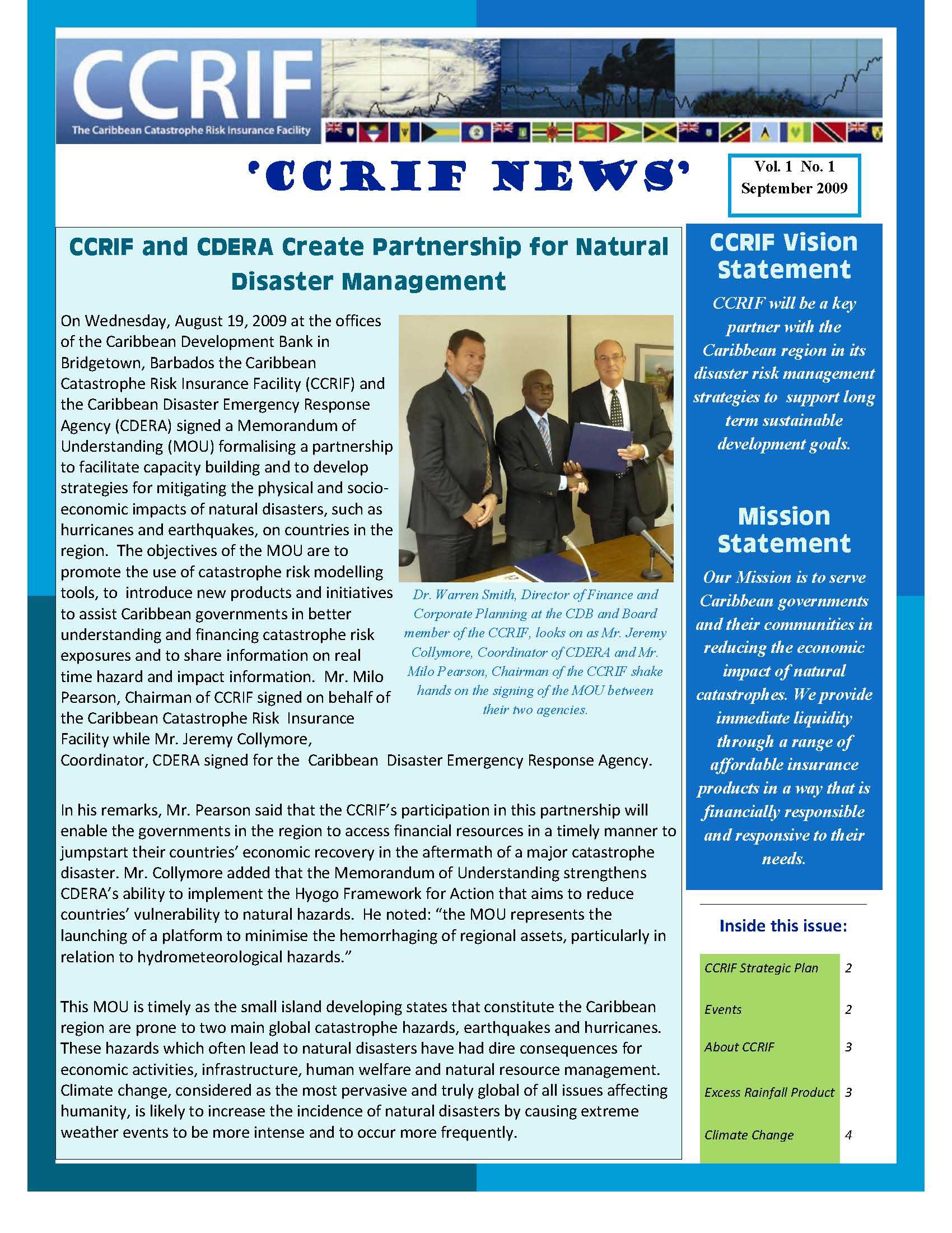 CCRIF News - Vol 1, No 1 -  September 2009