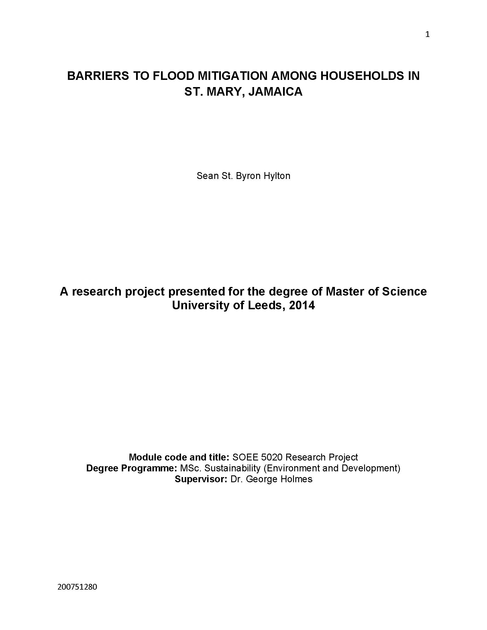 Barriers To Flood Mitigation Among Households In St. Mary, Jamaica