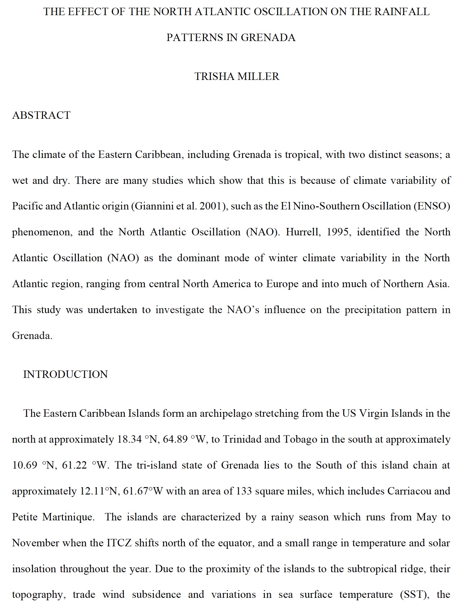 The Effect of the North Atlantic Oscillation on the Rainfall Patterns in Grenada