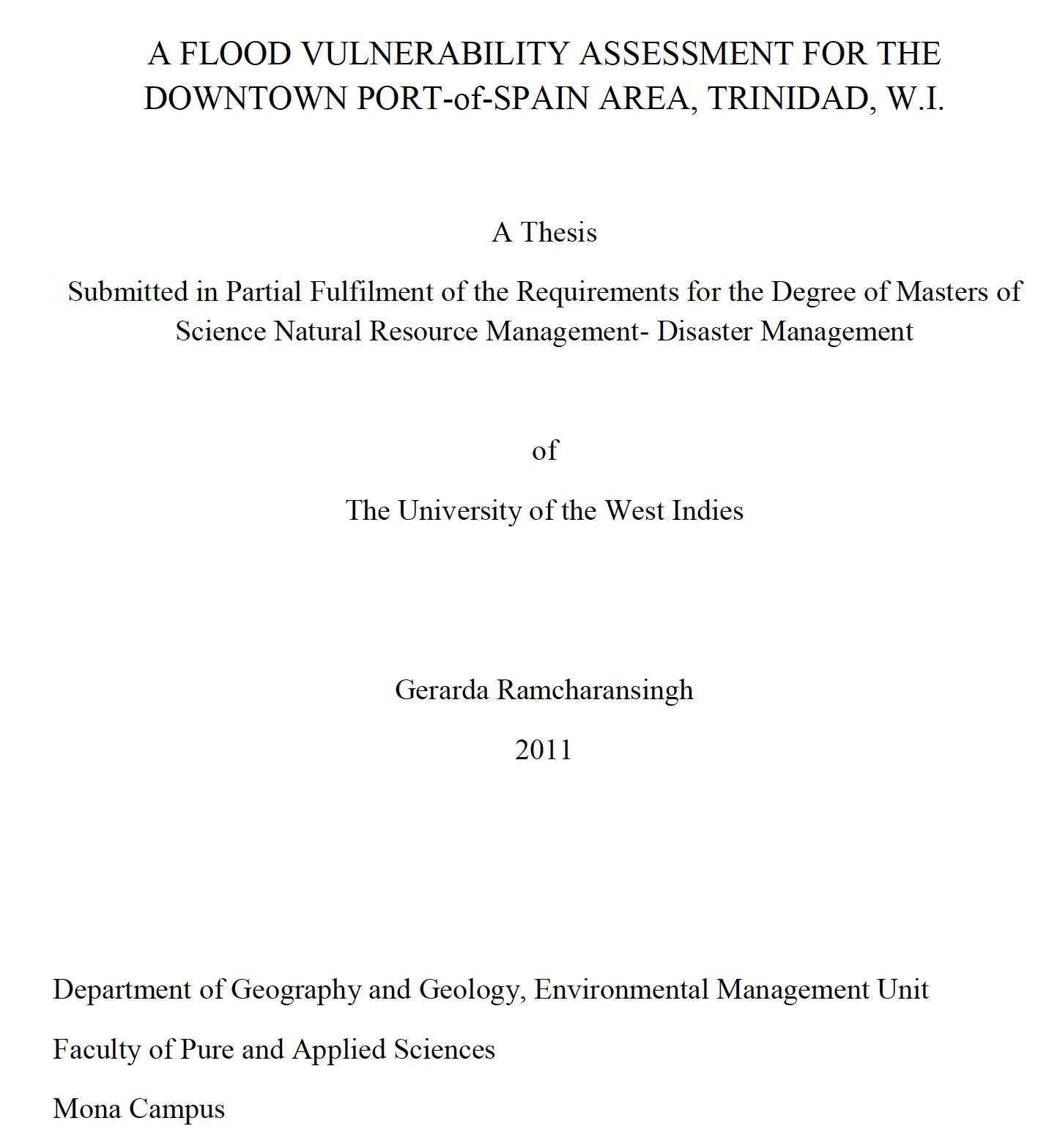 A Flood Vulnerability Assessment for the Downtown Port-of-Spain Area, Trinidad & Tobago