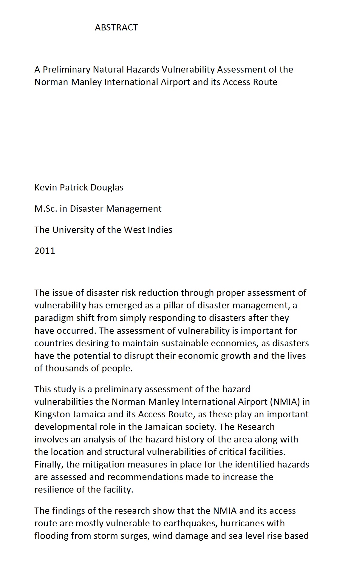 A Preliminary Natural Hazards Vulnerability Assessment of the Norman Manley International Airport and its Access Route