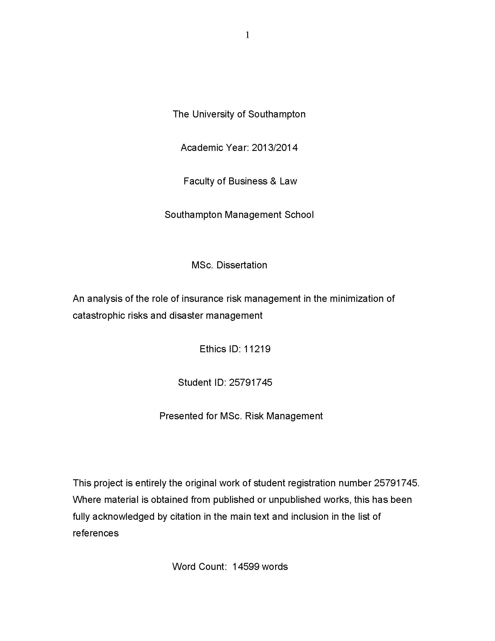 MSc. Dissertation - An analysis of the role of insurance risk management in the minimization of catastrophic risks and disaster management