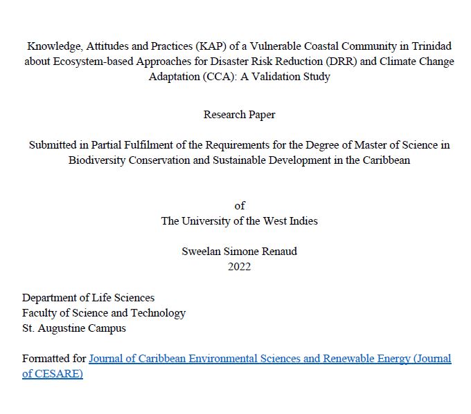 Knowledge, Attitudes and Practices (KAP) of a Vulnerable Coastal Community in Trinidad about Ecosystem-based Approaches for Disaster Risk Reduction (DRR) and Climate Change Adaptation (CCA): A Validation Study