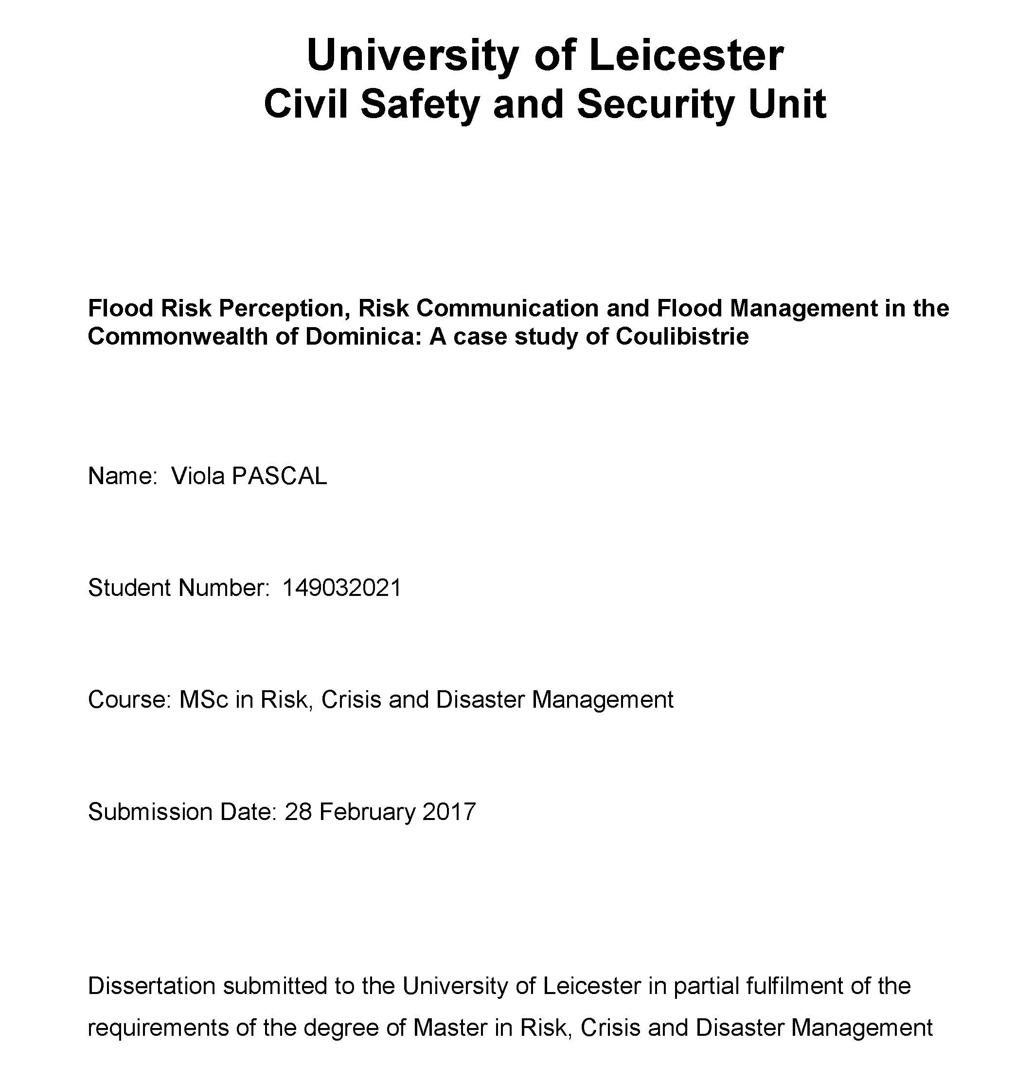 Flood Risk Perception, Risk Communication and Flood Management in the Commonwealth of Dominica: A case study of Coulibistrie